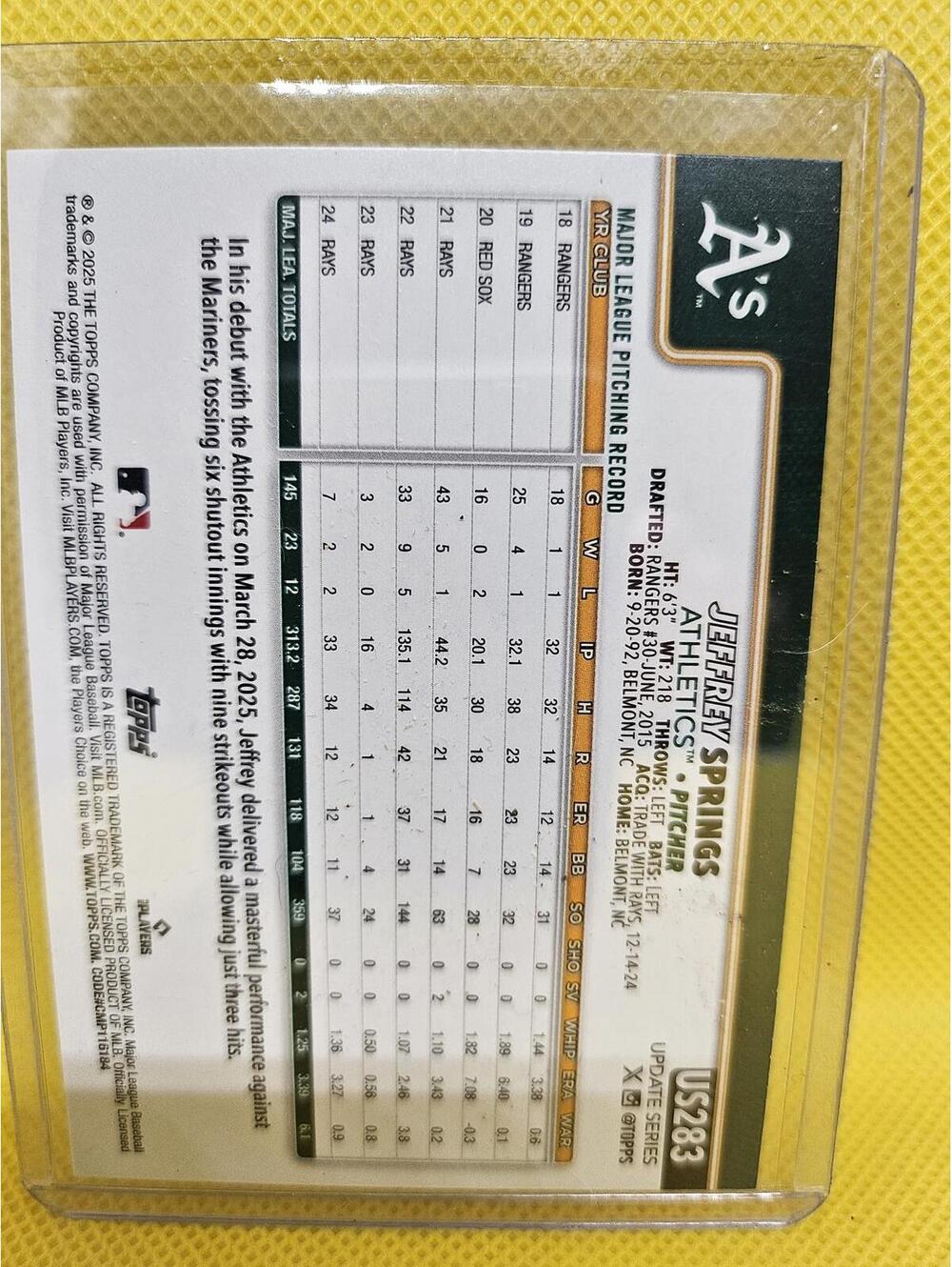 Silver Foil Insert - Jeffrey Springs - 2025 Topps Update #US283 - A's - Mint - Picture 2 of 2